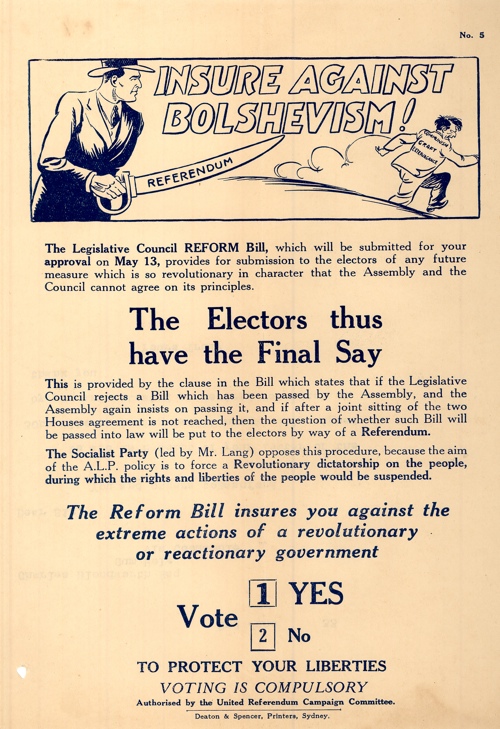Referendum material for the New South Wales Legislative Council Reform Bill during the 1930s